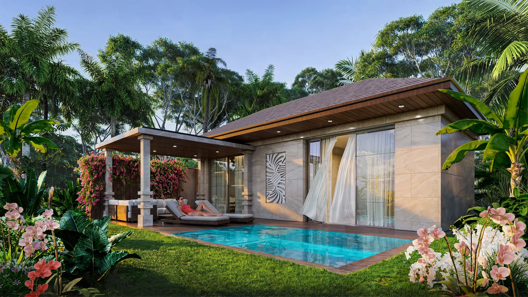 Вилла 51 м² Ramada Nusa Dua — гостиная зона с выходом к бассейну